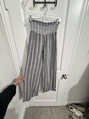 Rewash Smocked High-Waist Wide Leg Pants in Gray Stripe